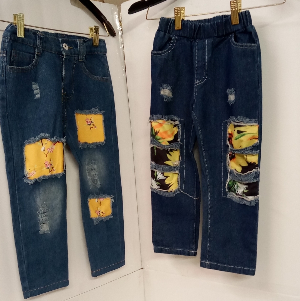 Little Girls Ripped & Floral Patch Jeans Size 9 & 4-5Y, 14 " & 15" inseams